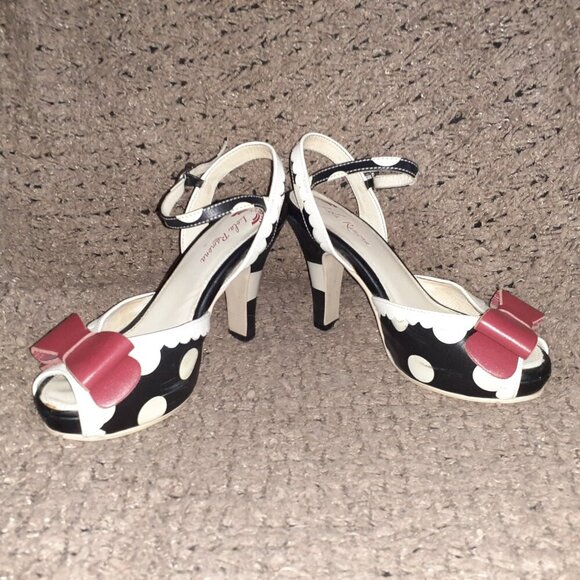 LOLA RAMONA-Angie-Rockabilly/Retro-Black/White Polka Dot-Red Bow-Sz 37-Excellent - Picture 4 of 8